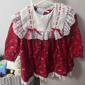 Vintage Red Floral Lace Trim Kids Dress